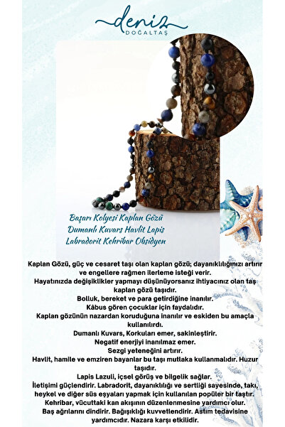 Deniz Doğal Taş Öğrenci Başarı Kolyesi Kaplan Gözü Dumanlı Kuvars Havlit Lapi...