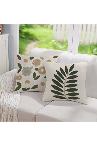 Hayal Dekoratif Punch Embroidery Patterned Cream Background Green Cream Color Digital Printed 2-Piece Throw Pillow Cover