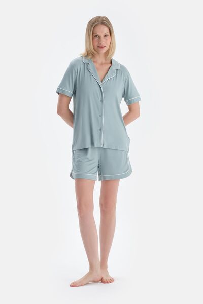Dagi Water Green Piping Detailed Short Sleeve Shirt Shorts Pajama Set