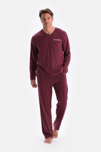 Dagi Claret Red V-Neck Long Sleeve Cotton Modal Pajama Set