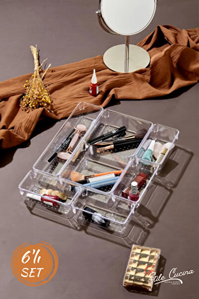 Stile Cucina منظم أدراج قابل للتعديل مكون من 6 قطع منظم للمكياج والمجوهرات شف...