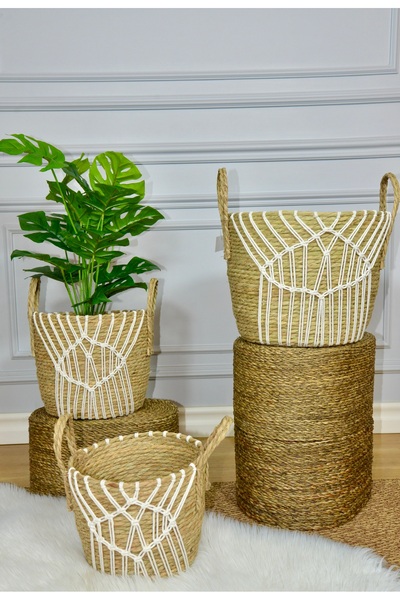 SepetçiBaba Natelie - 3'lü Hasır Makromeli Sele Saksılık Seti Beyaz - 72