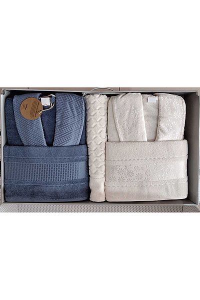 Özdilek Blossom Happy Bathrobe Set Indigo Cream 5 Pieces