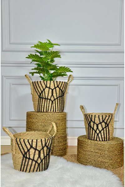 SepetçiBaba Natelie - 3'lü Hasır Makromeli Sele Saksılık Seti Siyah - 89