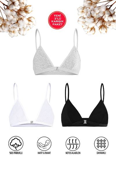 ÖZKAN underwear Сутиен за тренировка Özkan 0923, чифт от 3 части за момичета, памучен, единичен джърси, ликра, без подплънки и костички, смесени цветове