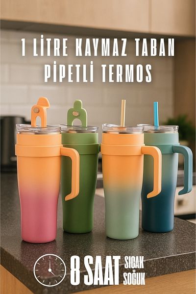 ELDİPA Essence 1 Liter Leakproof Stainless Steel Thermos with Straw – Travel, Hiking, Nature, Camping, Sports