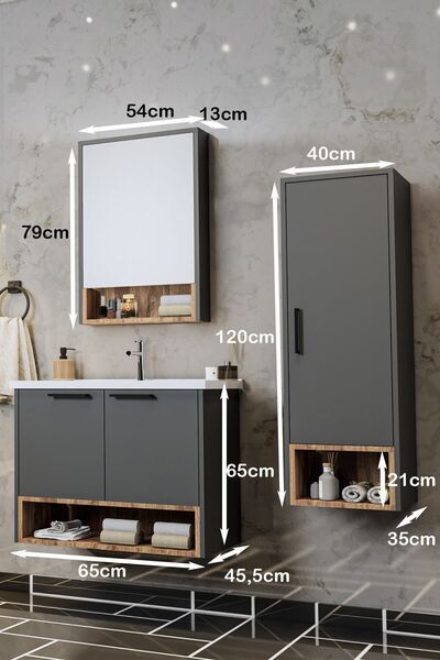BALNEOM Banyo Karanfil 65 Cm %100 Mdf Antrasit Lavabolu Banyo Dolabı Ayna Alt Dolap Lavabo Boy Dolabı