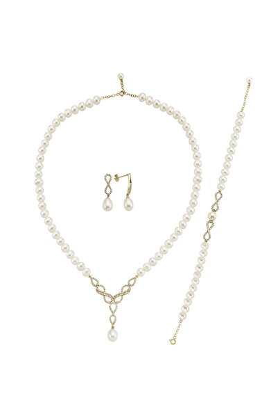 Birinci1926 14 Ayar Altın Kadın Sonsuzluk Taşlı Inci Kolye Küpe Bileklik Üçlü...