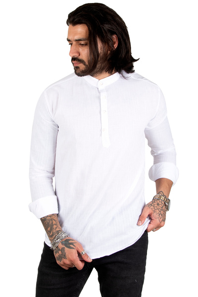 DeepSEA Ανδρικό μακρυμάνικο πουκάμισο από λευκό με μισό κουμπιά λινό με ψηλό γιακά2201914