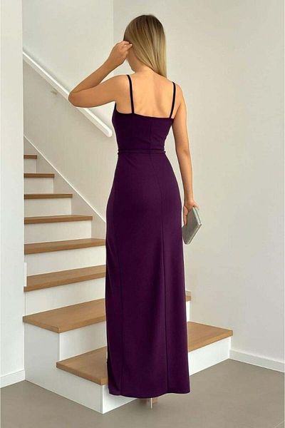 modamtn Women's Diver Fabric V-Neck Slit Detailed Maxi Length Dress