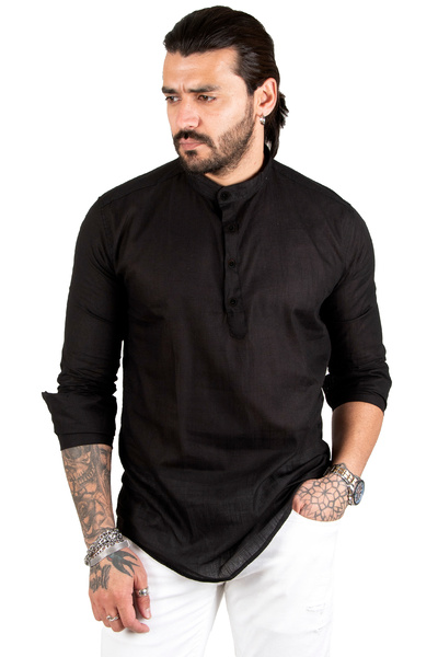 Rizz up Cămașă neagră cu mânecă lungă, cu guler înalt, în dungi, cu jumătate ...