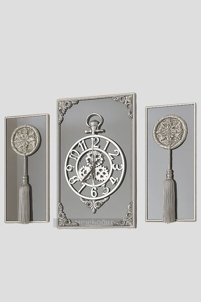 byMelekoğlu Casablanca 3 Lü Gümüş Aynalı Çerçeveli Püsküllü Duvar Saati Takımı, Wall Clock Hediye Ms001 38smf