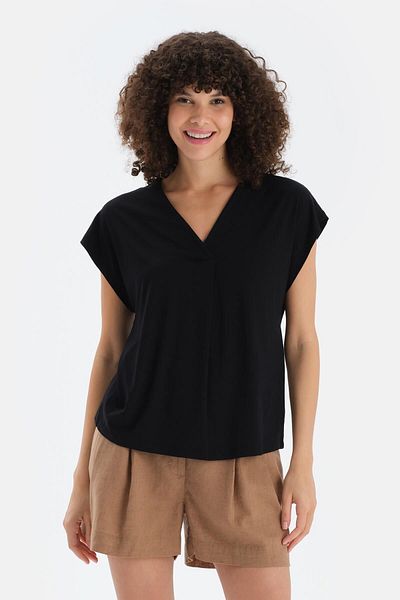 Dagi Tricou negru din viscoză cu decolteu în V