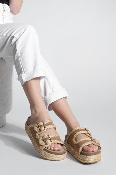 Marjin Women's Genuine Leather Thick Straw Sole Double Banded Braided Barno Camel Suede Slippers