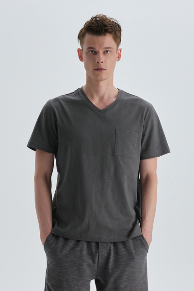 Dagi Tricou din bumbac antracit cu decolteu în V