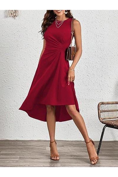ETİLER COLLECTION Women's Zero Sleeve Crew Neck Gathered Asymmetric Cut Detailed Janjan Crepe Dress