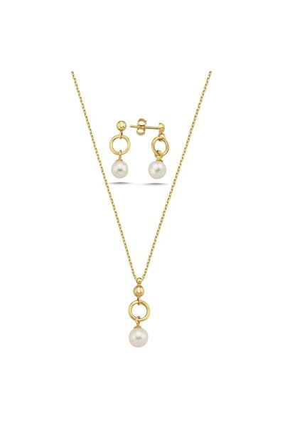 Birinci1926 14 Ayar Altın 7 Mm Halka Doğal Inci Küpe Kolye Ikili Set