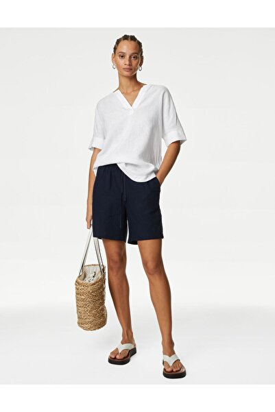 Marks & Spencer Kısa Kollu Keten Popover Bluz