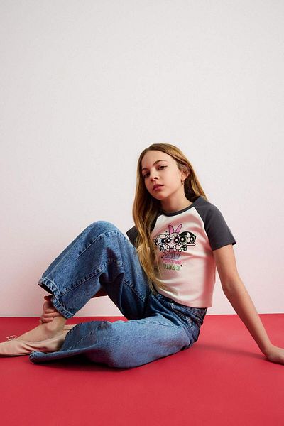 DeFacto Tricou cu mânecă scurtă pentru fete Powerpuff Girls Crop Crew Gât cu nervuri E0482a825sp