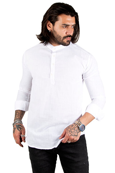 Rizz up Мъжка бяла ленена риза с дълги ръкави и висока яка с половин копчета 2201914