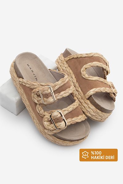 Marjin Women's Genuine Leather Thick Straw Sole Double Banded Braided Barno Camel Suede Slippers