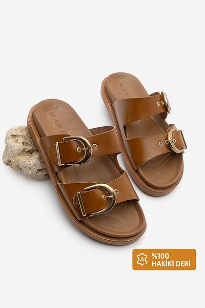 Marjin Women's Genuine Leather Double Strap Buckle Daily Slippers Gepso Tan