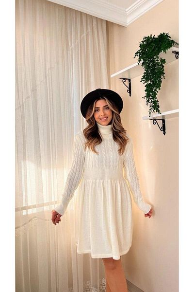 modamtn Women's Long Sleeve Turtleneck Waistline Short Knitwear Dress with Gathered Waistline