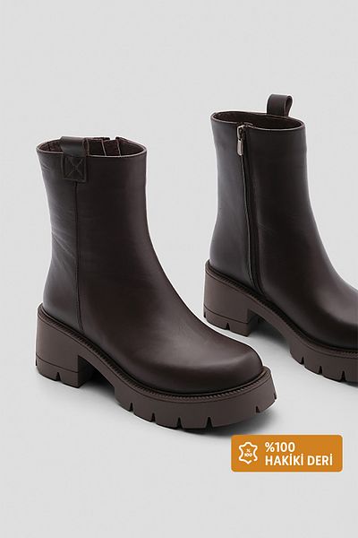 Marjin Women's Genuine Leather Daily Boots Thick Serrated Sole Fesco Brown