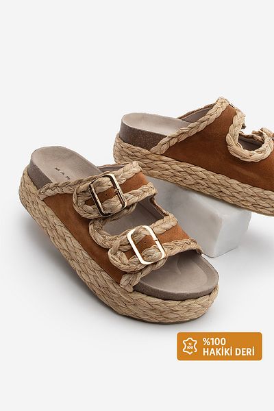 Marjin Women's Thick Straw Sole Double Banded Daily Slippers Barno Tan