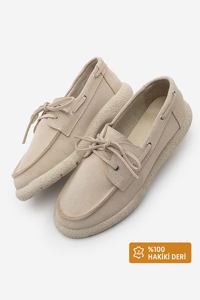 Marjin Damen-Schnürloafer – Echtes Leder, Modell Günyetin Enita Beige Wildleder