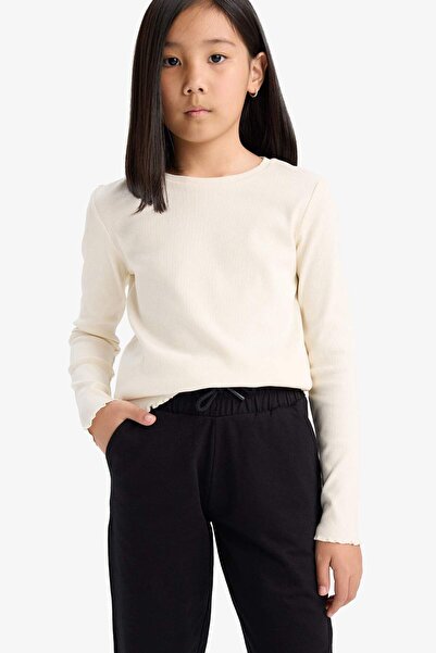 DeFacto Girls' Back to School Slim Fit Tight Fit Crew Neck Ribbed Long Sleeve Basic Plain T-Shirt B7452A825S