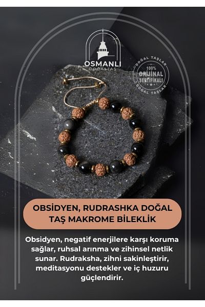 OSMANLI DOĞAL TAŞ Certified Obsidian, Rudrashka Natural Stone Macrame Bracelet
