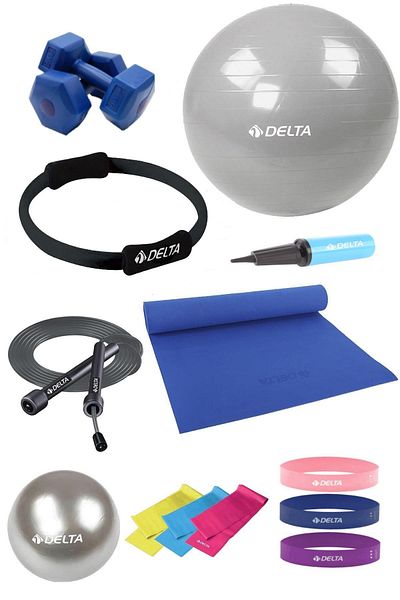 Delta طقم بيلاتيس 14 قطعة مناسب للطلاء 140-159 سم - كرة 55 سم، طوق وسادة 4 مم، شريط القرفصاء 2 كجم