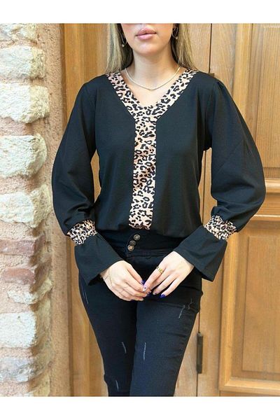 modamtn Women's Long Sleeve Leopard V-Neck Crepe Blouse
