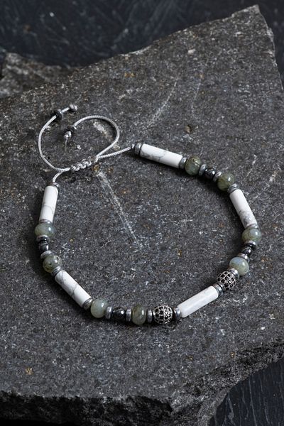 OSMANLI DOĞAL TAŞ Certified Labradorite, Howlite, Hematite Natural Stone Macrame Bracelet