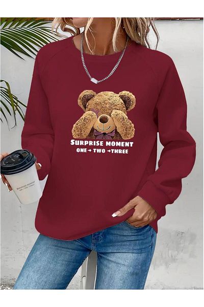 Trend Moda Women's Long Sleeve Crew Neck Teddy Bear Print Viscose Two Thread Blouse