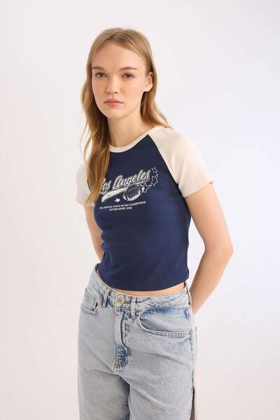 DeFacto Crew Neck Printed Ribbed Camisole T-Shirt - Short Sleeve E0656Ax25Sm