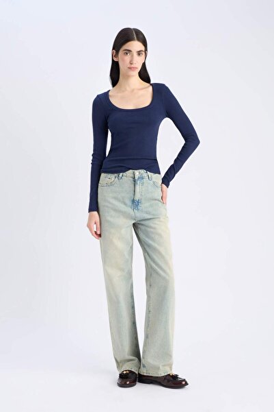 DeFacto Slim Fit Slim Fit Basic Απλό Καμιζόλα Μακρυμάνικο T-shirt E5768AX25SP