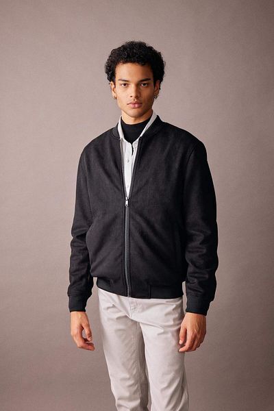 DeFacto Jachetă Bomber din piele de căprioară, slim fit, cu rever, cu fermoar, buzunare duble, sezonier, ușoară