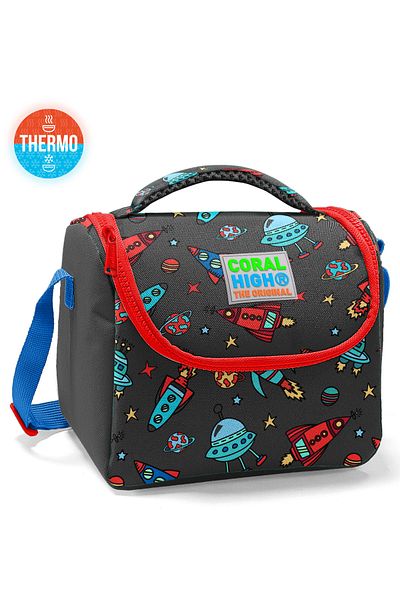 Coral High Cutie de prânz termică cu model spațial roșu gri închis pentru copii 11808