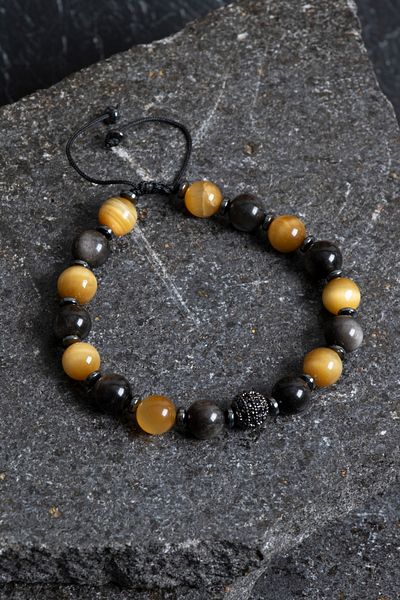OSMANLI DOĞAL TAŞ Certified Obsidian, Tiger Eye, Hematite Zircon Apparatus Natural Stone Macrame Bracelet
