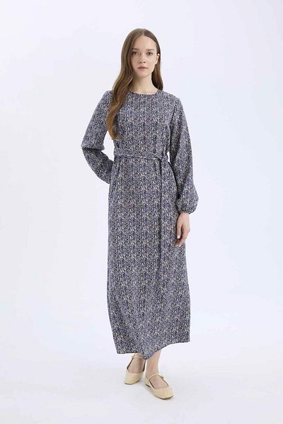 DeFacto Rochie maxi cu mânecă lungă, cu mânecă lungă, cu decolteu rotund, cu imprimeu E5247AX25SP