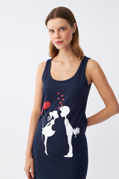 Akbeniz Kadın Kalın Askılı Penye Uzun Lacivert Gecelik 12001