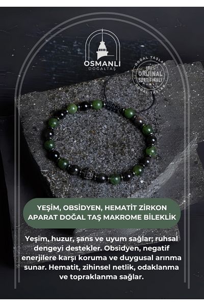 OSMANLI DOĞAL TAŞ Certified Jade, Obsidian, Hematite Zircon Apparatus Natural Stone Macrame Bracelet