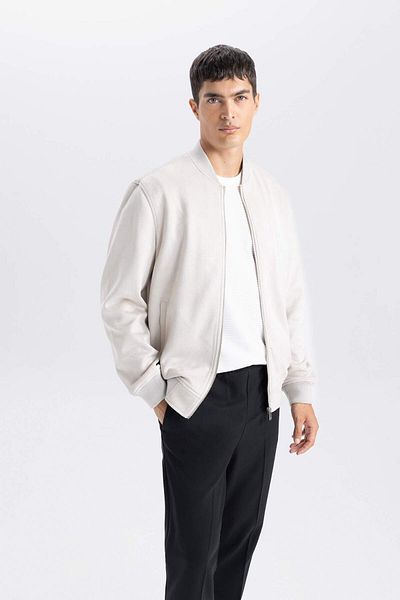 DeFacto Jachetă Bomber din piele de căprioară, slim fit, cu rever, cu fermoar, buzunare duble, sezonier, ușoară