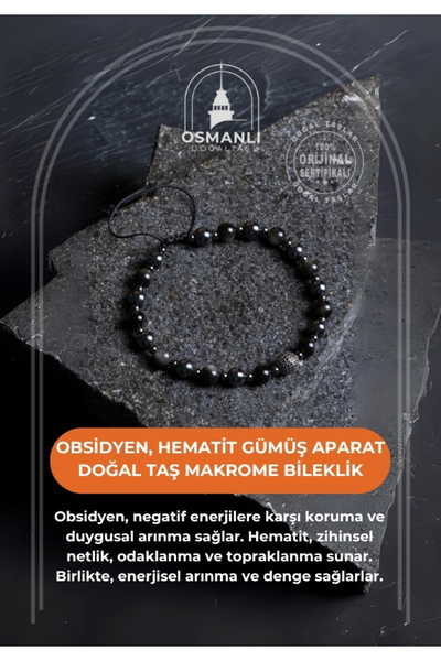 OSMANLI DOĞAL TAŞ Sertifikalı Obsidyen, Hematit Gümüş Aparat Doğal Taş Makrom...