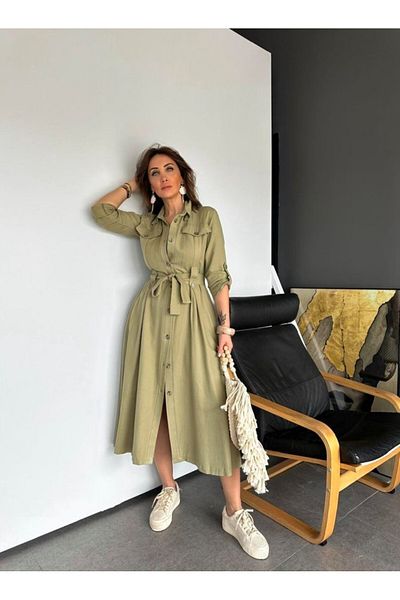 EGZOTİK ASORTİK Rochie Safari cu nasturi cu centură neagră