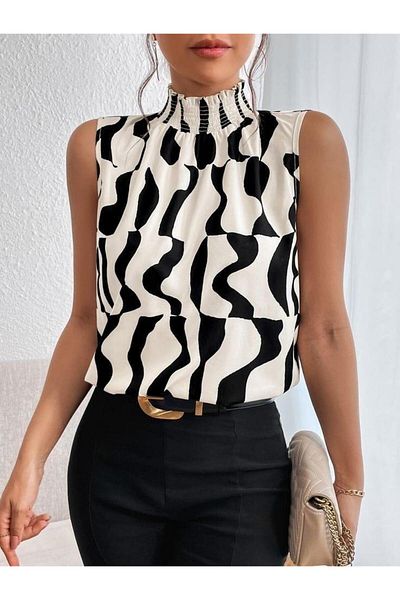 modamtn Women's Sleeveless Turtleneck Patterned Single Jersey Blouse
