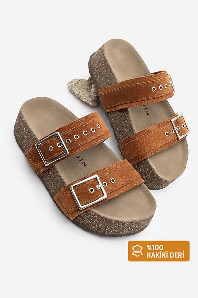 Marjin Tan Suede Women's Slippers - Genuine Leather, Double Strap and Cork Sole