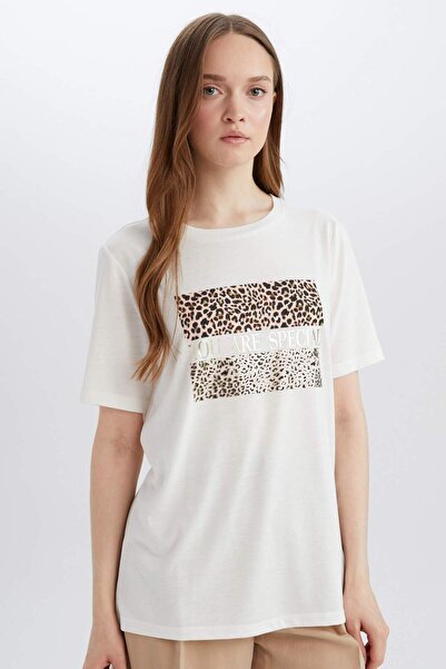 DeFacto Μπλουζάκι με κοντό μανίκι με στάμπα λεοπάρ με κανονική εφαρμογή D8925AX25SP